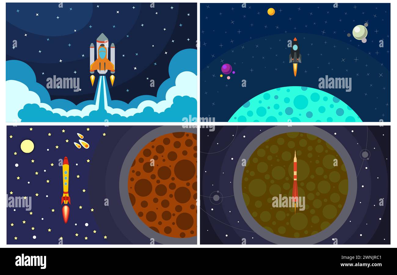Set of four vector illustration with flying rocket. Space travel. Stock Vector
