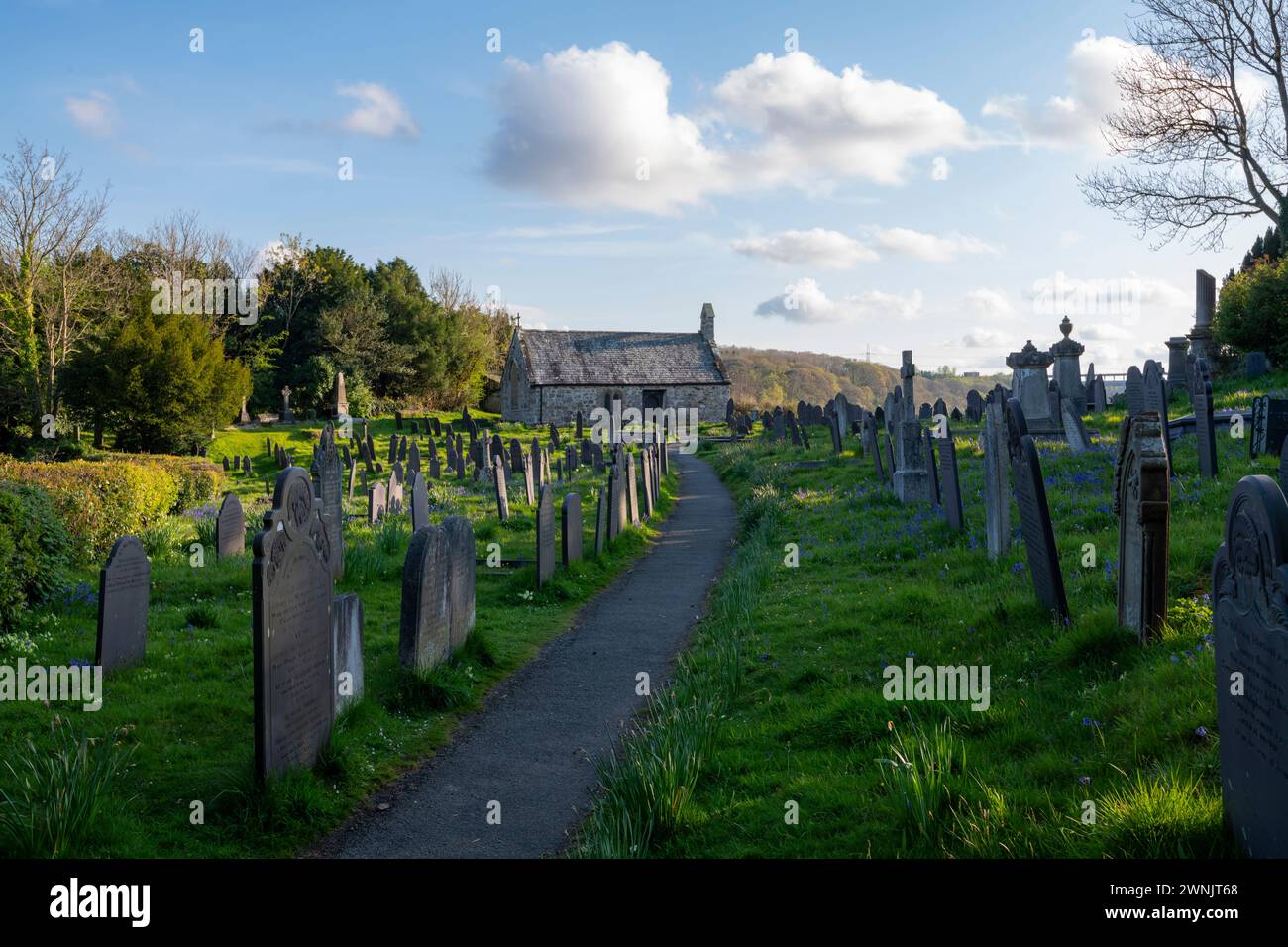 St Tysilio's Church and graveyard on Church Island beside the Menai Strait, Anglesey, North Wales. Stock Photo