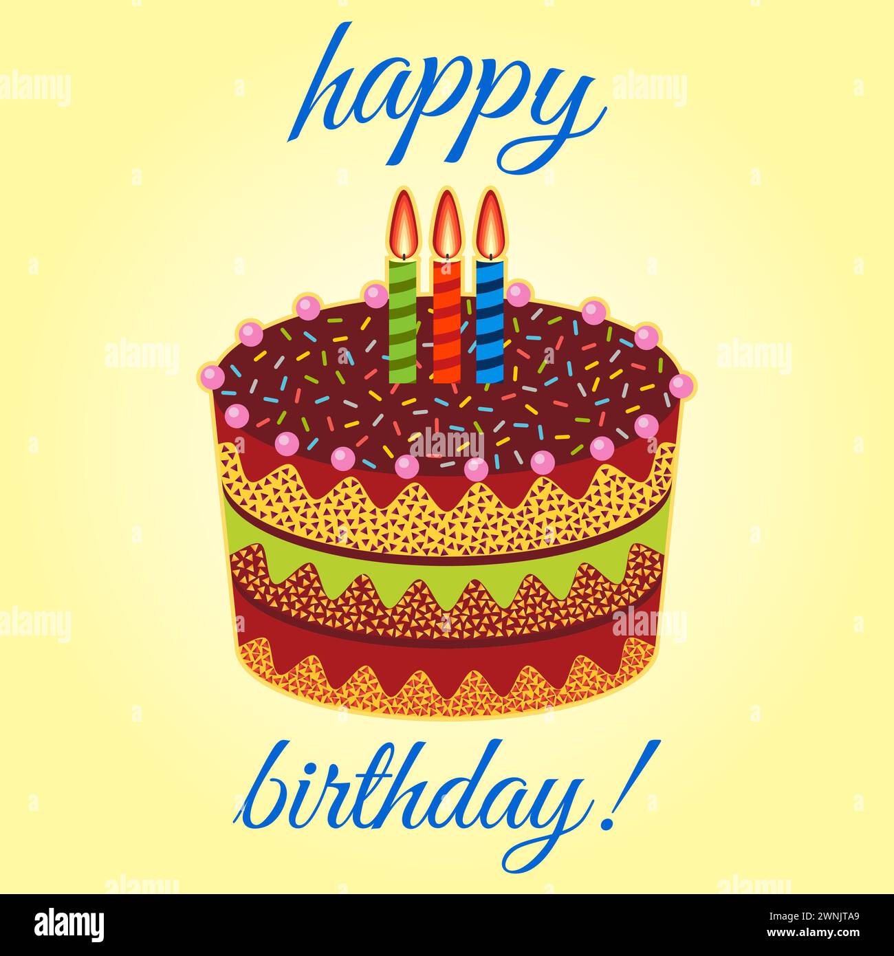 Sweet birthday cake with three burning candles. Colorful holiday ...