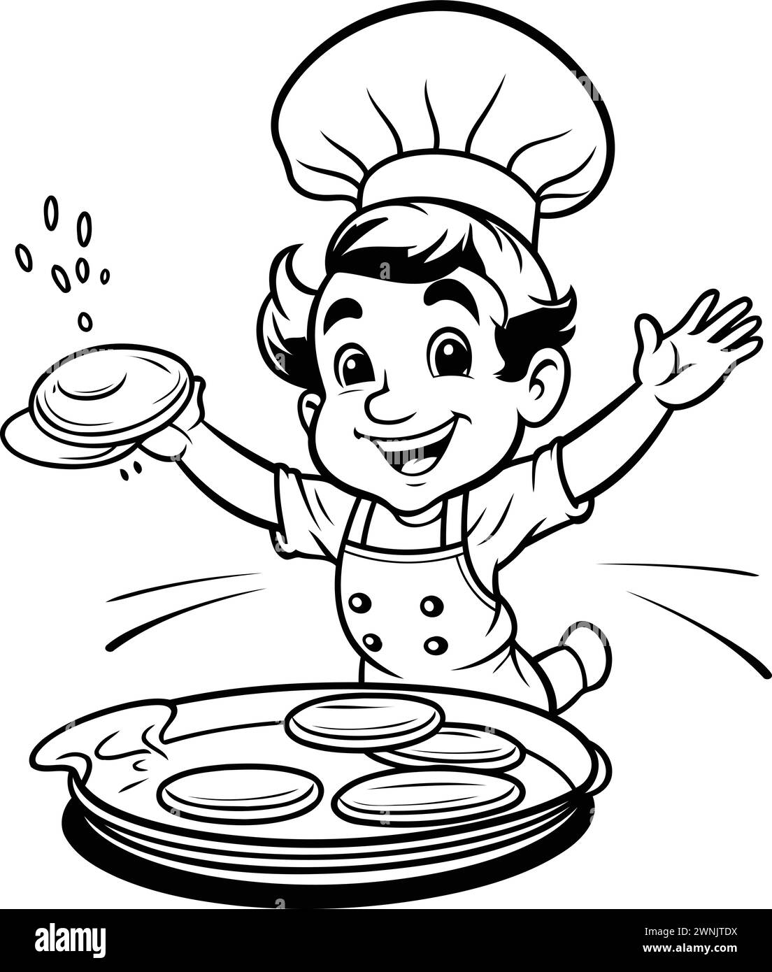 Black and White Cartoon Illustration of Little Boy Chef Cooking Pancakes for Coloring Book Stock Vector