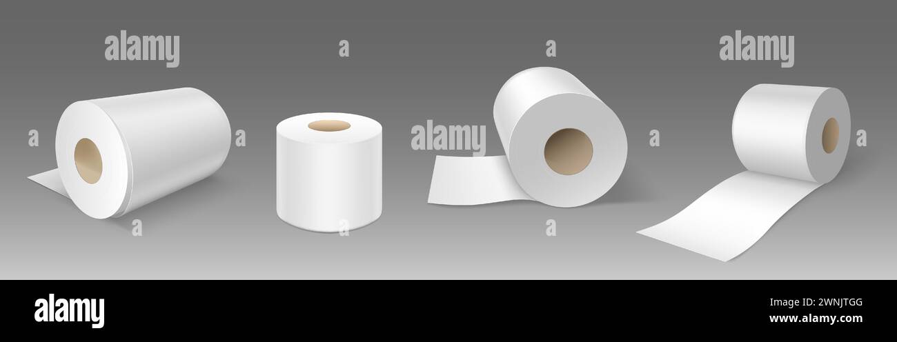 3D set of toilet paper rolls isolated on gray background. Vector realistic illustration of kitchen towel, blank cash register scroll mockups, hygiene Stock Vector