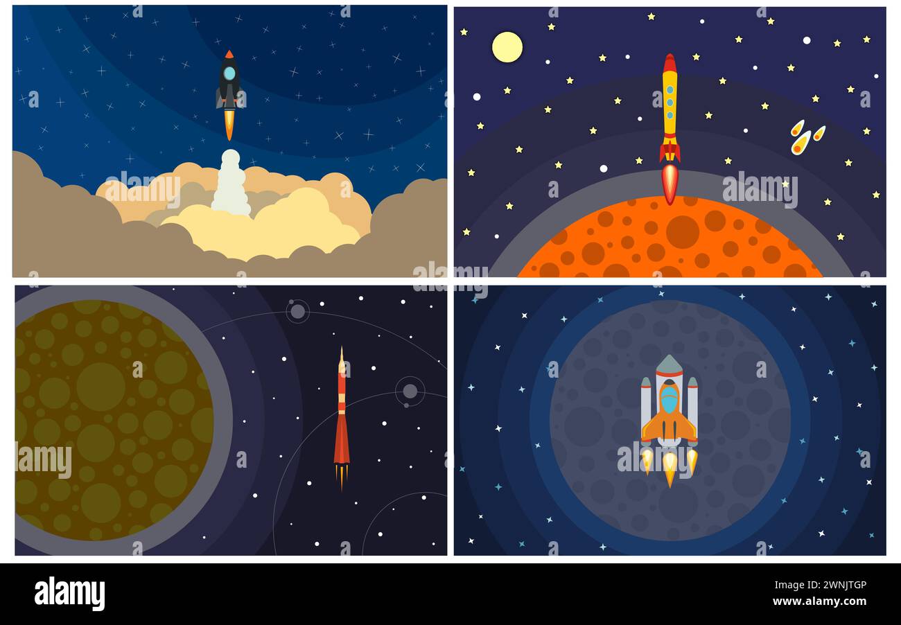 Set of four vector illustration with flying rocket. Space travel Stock ...