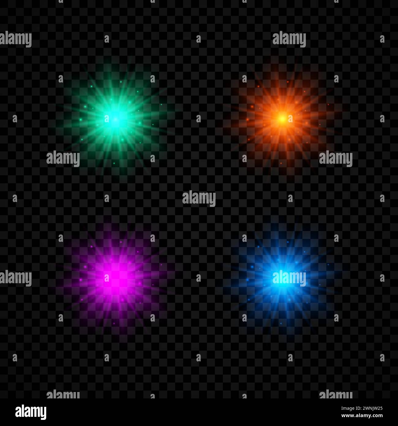 Light effect of lens flares. Set of four green, orange, purple and blue glowing lights starburst effects with sparkles on a dark transparent backgroun Stock Vector