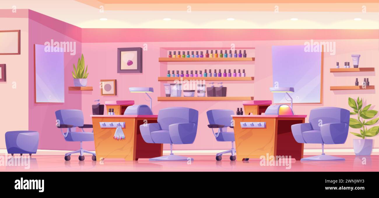 Nail studio or beauty salon with manicure service. Cartoon vector interior of manicurist workplace - chairs near table with lamp, color palette and eq Stock Vector