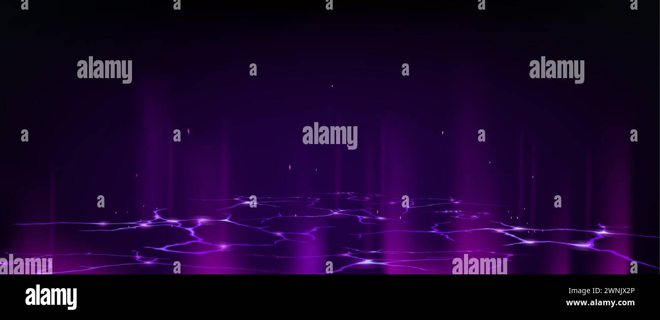 Ground surface with abstract light cracks. Vector realistic illustration of purple holes glowing on black background, mist and sparkling particles in Stock Vector