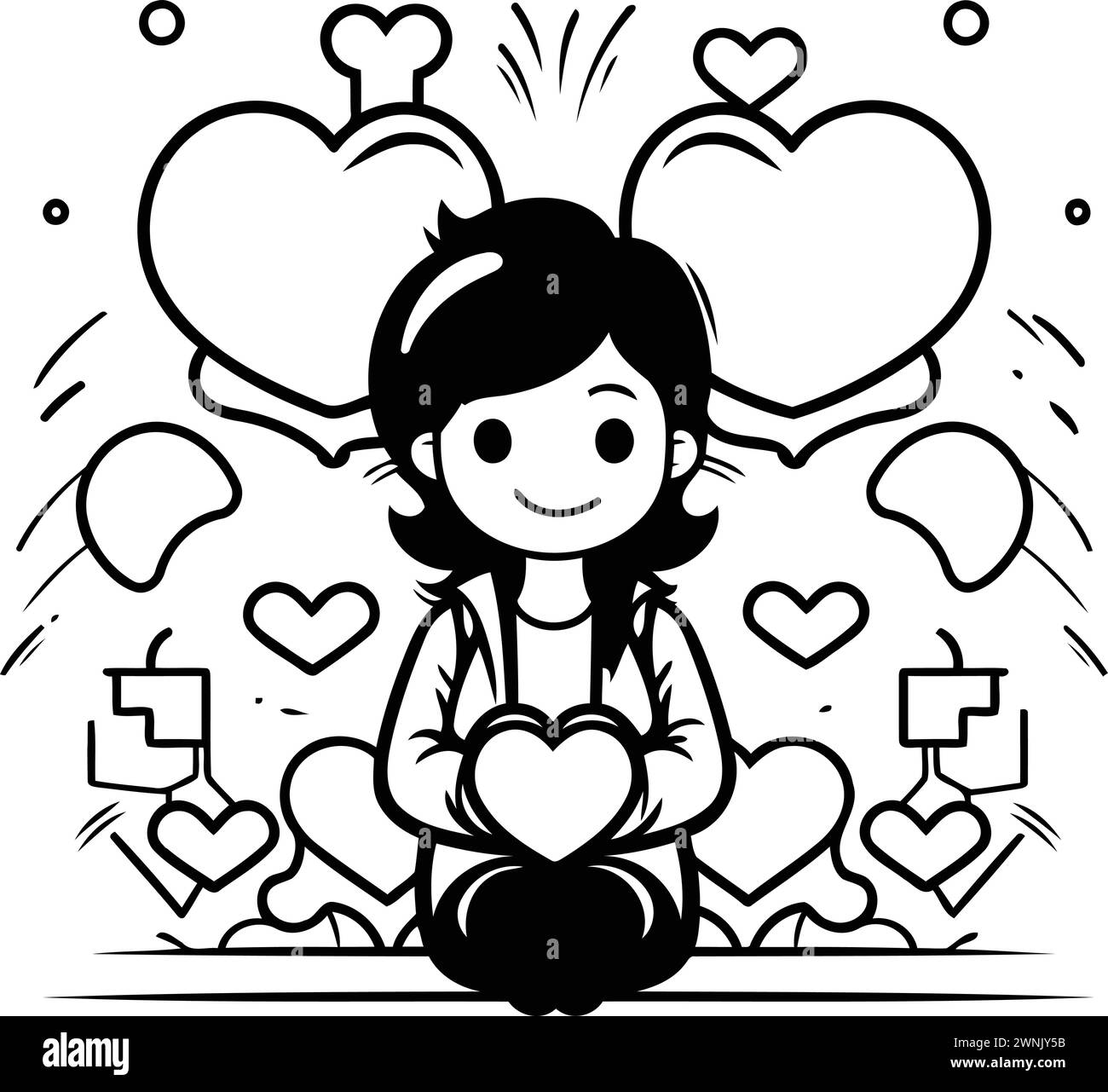 Girl in love with hearts. Black and white vector illustration for