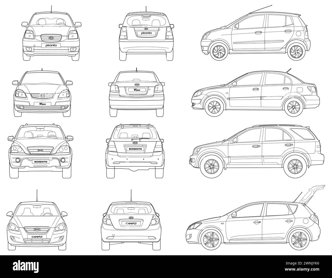 Kia car blueprint collection Stock Vector