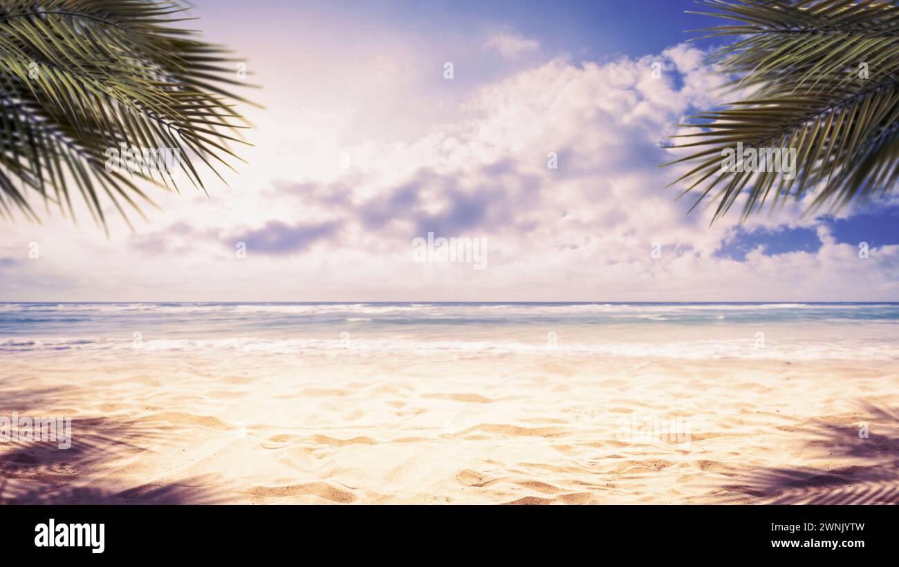 Sunny tropical beach background with palm trees, sand and ocean waves ...