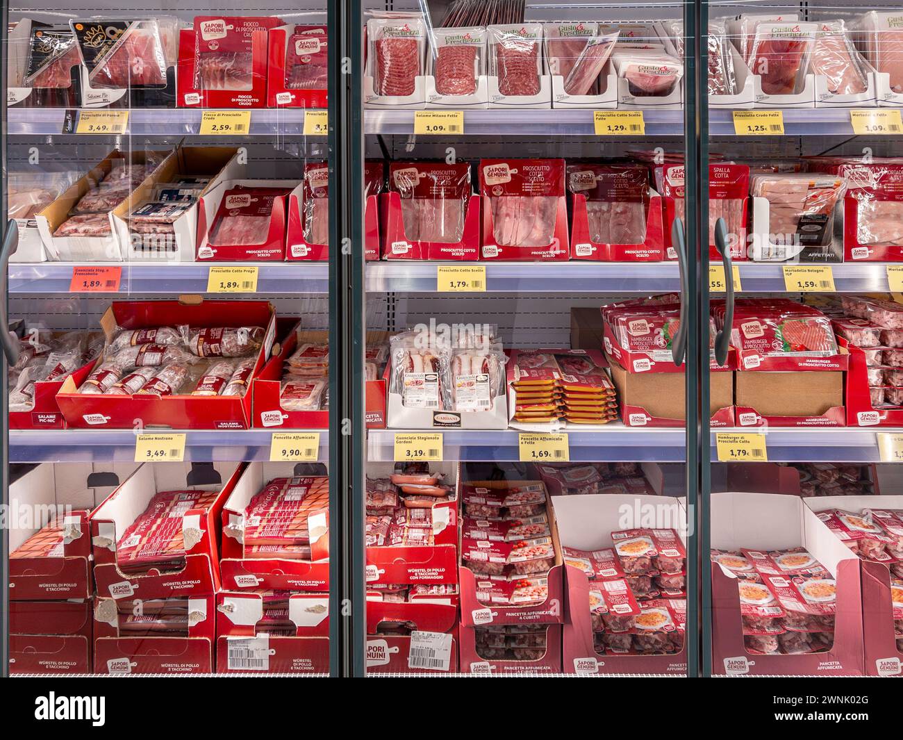 Italy - March 02, 2024: Sliced cold cuts in packages displayed in a ...