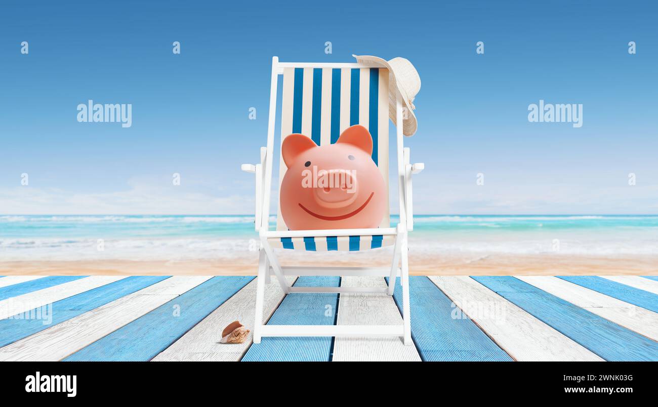 Happy piggy bank sunbathing on a deckchair at the beach affordable