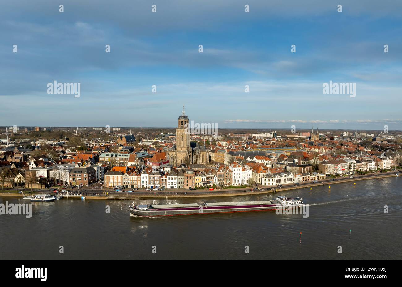 aerial panoramic shot of the Dutch city of Deventer, along the IJssel river. Stock Photo