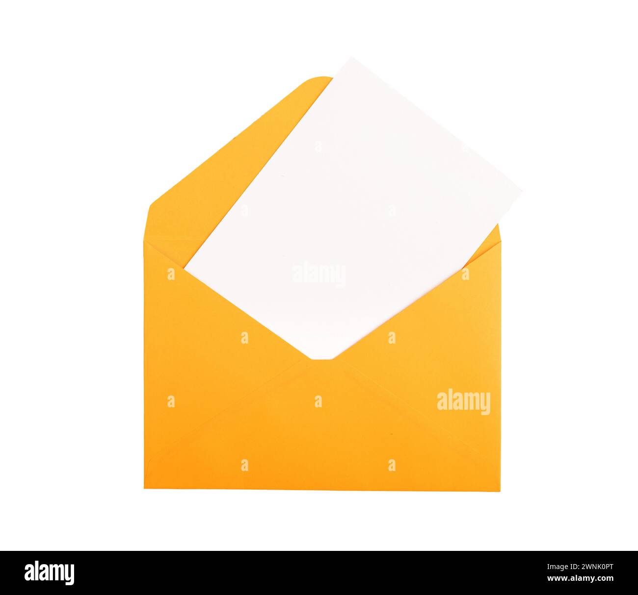 Blank card, postcard mockup in open paper envelope, isolated on white. Stock Photo
