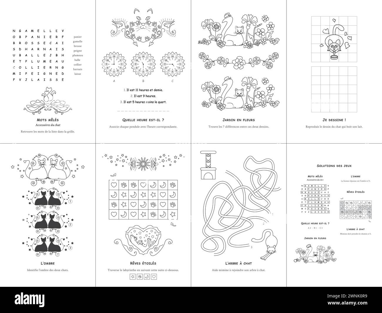 Set of seven games. Cats Theme. French language. Vector illustration