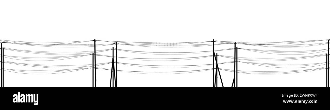 Power line. Poles and wires for supplying energy. Picture horizontally seamless. Object isolated on white background. Cartoon fun style Illustration Stock Vector