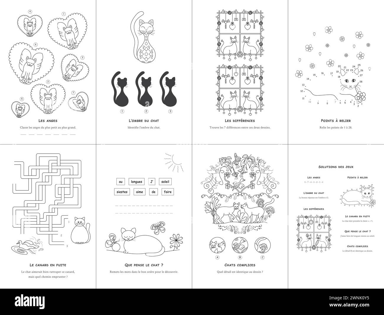 Set of seven games. Cats Theme. French language. Vector illustration