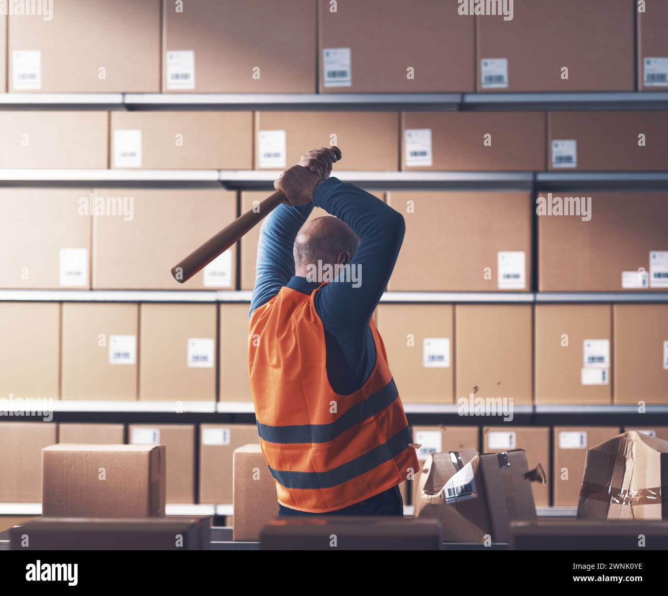 Crazy rebellious warehouse worker smashing cardboard boxes with a baseball bat Stock Photo Alamy