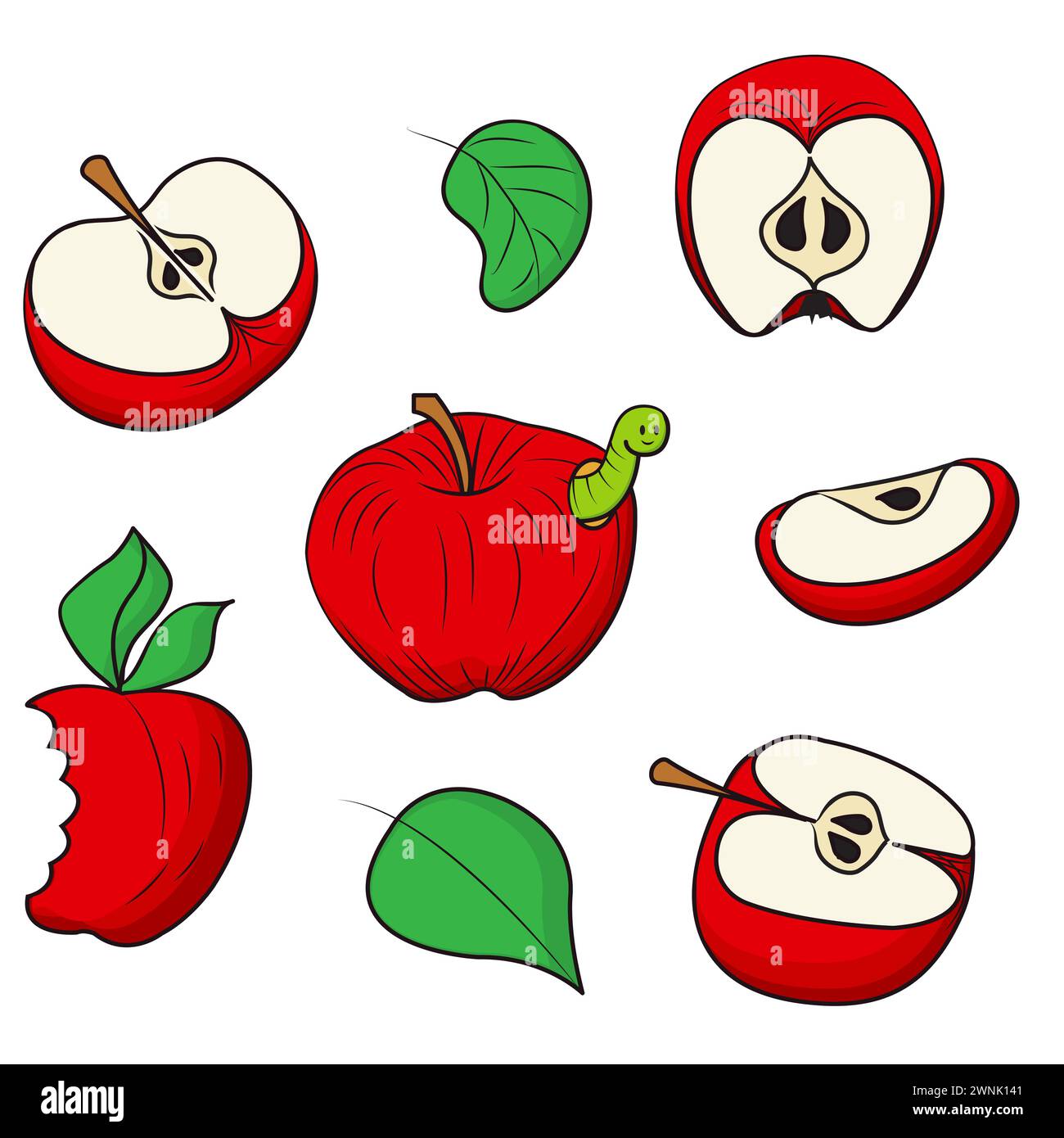 Set of red and green apples with smiling worms. Vector illustration in cartoon style isolated on a white background. Stock Vector