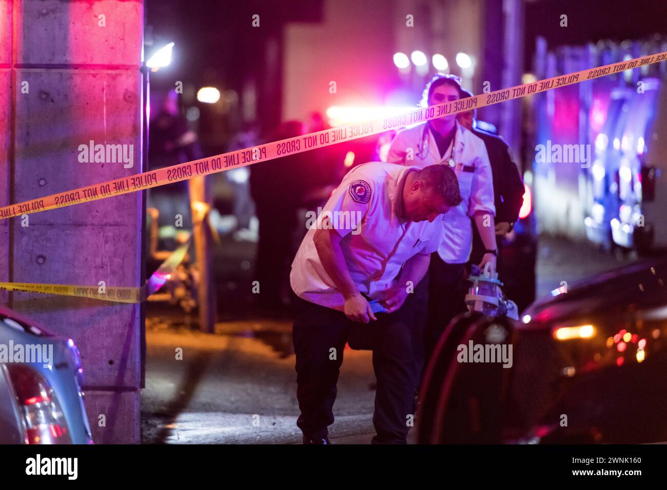 Seattle, USA. 3nd Mar 2024. Just after 100am police rush to Vine and
