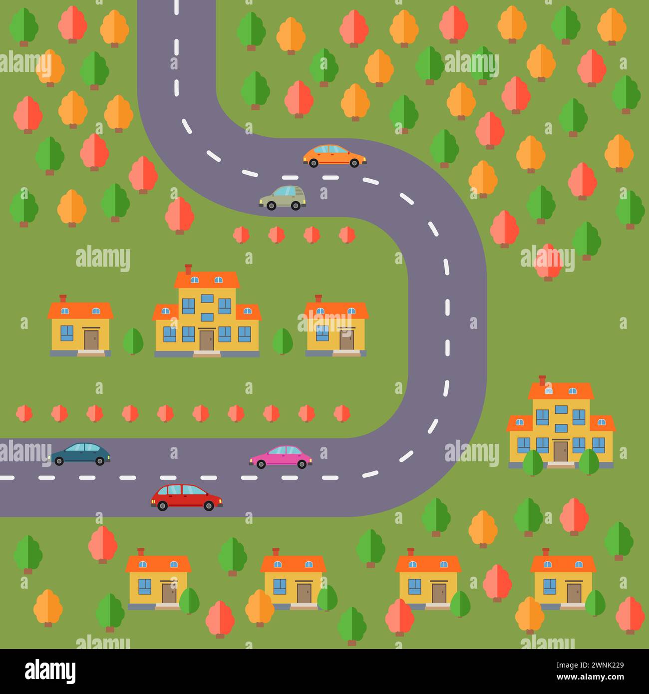 Plan of village. Landscape with the road, forest, cars and houses.  Vector illustration Stock Vector