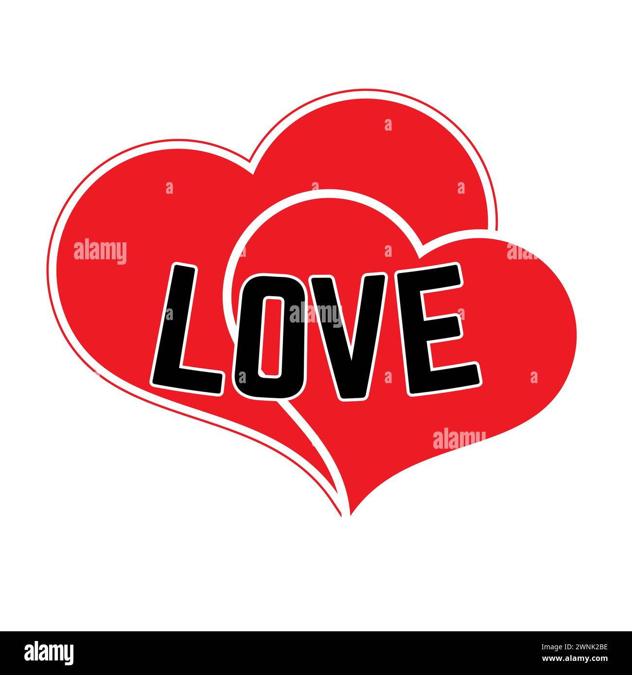 Red hearts on a white background with black inscription Love. Vector illustration. Stock Vector