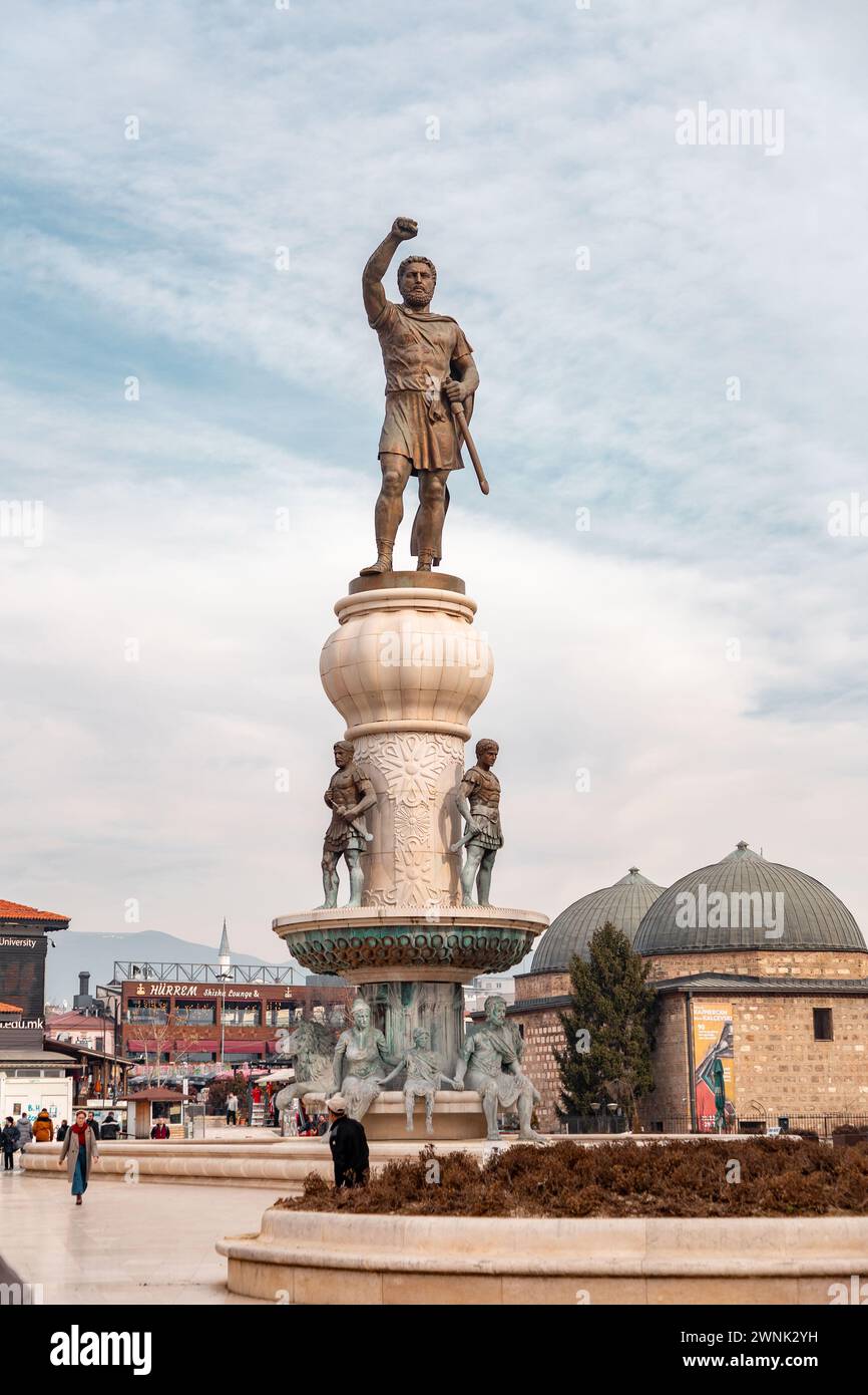 Skopje, North Macedonia - 7 FEB 2024: Philip II Square is a major public area between the Macedonia Sqaure and the Old Bazaar, hosting many statues an Stock Photo