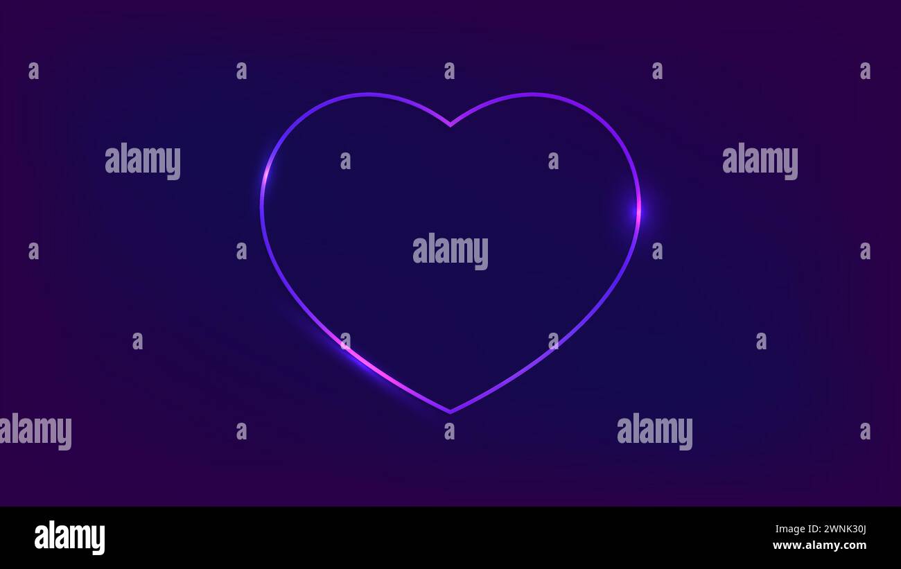 Neon frame in heart form with shining effects on dark background. Empty glowing techno backdrop. Vector illustration. Stock Vector