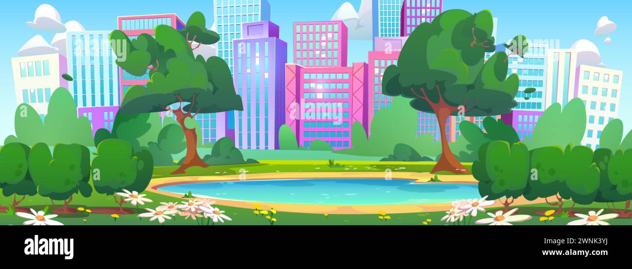Summer city park with lake. Vector cartoon illustration of modern ...
