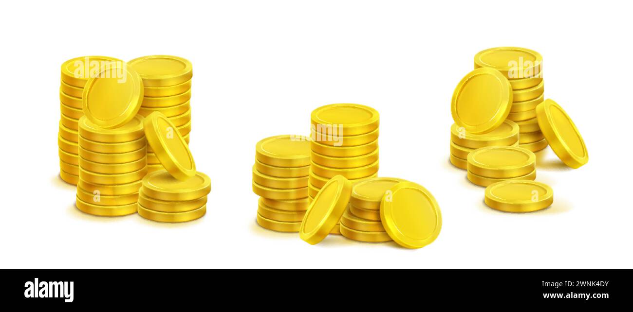 3D piles of golden coins isolated on white background. Vector realistic ...