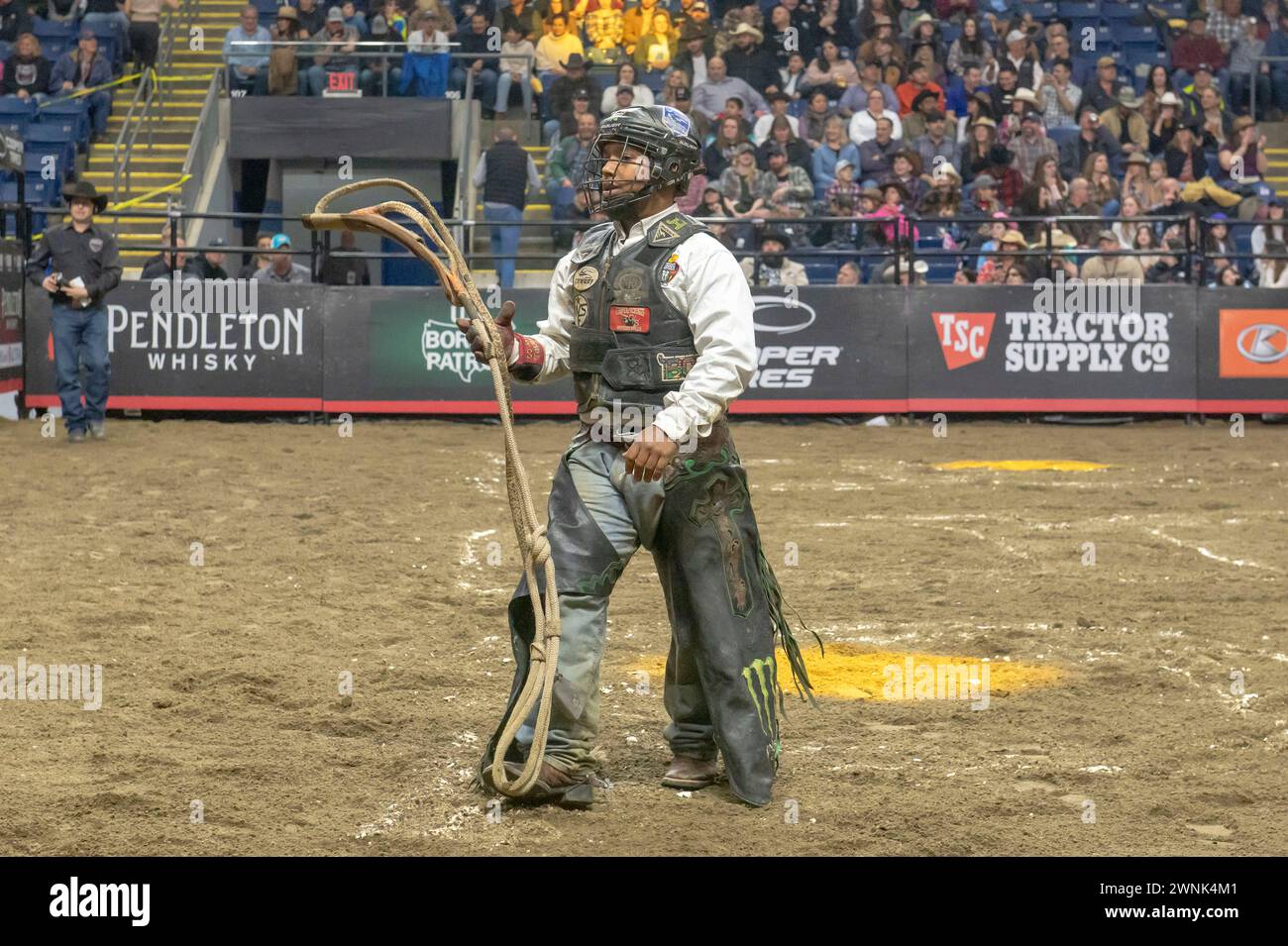 Bridgeport, United States. 02nd Mar, 2024. BRIDGEPORT, CONNECTICUT - MARCH 02: Paulo Rodriguez rides Flash Back during the Professional Bull Riders (PBR) Pendleton Whisky Velocity Tour event at Total Mortgage Arena on March 2, 2024 in Bridgeport, Connecticut. (Photo by Ron Adar/SOPA Images/Sipa USA) Credit: Sipa USA/Alamy Live News Stock Photo