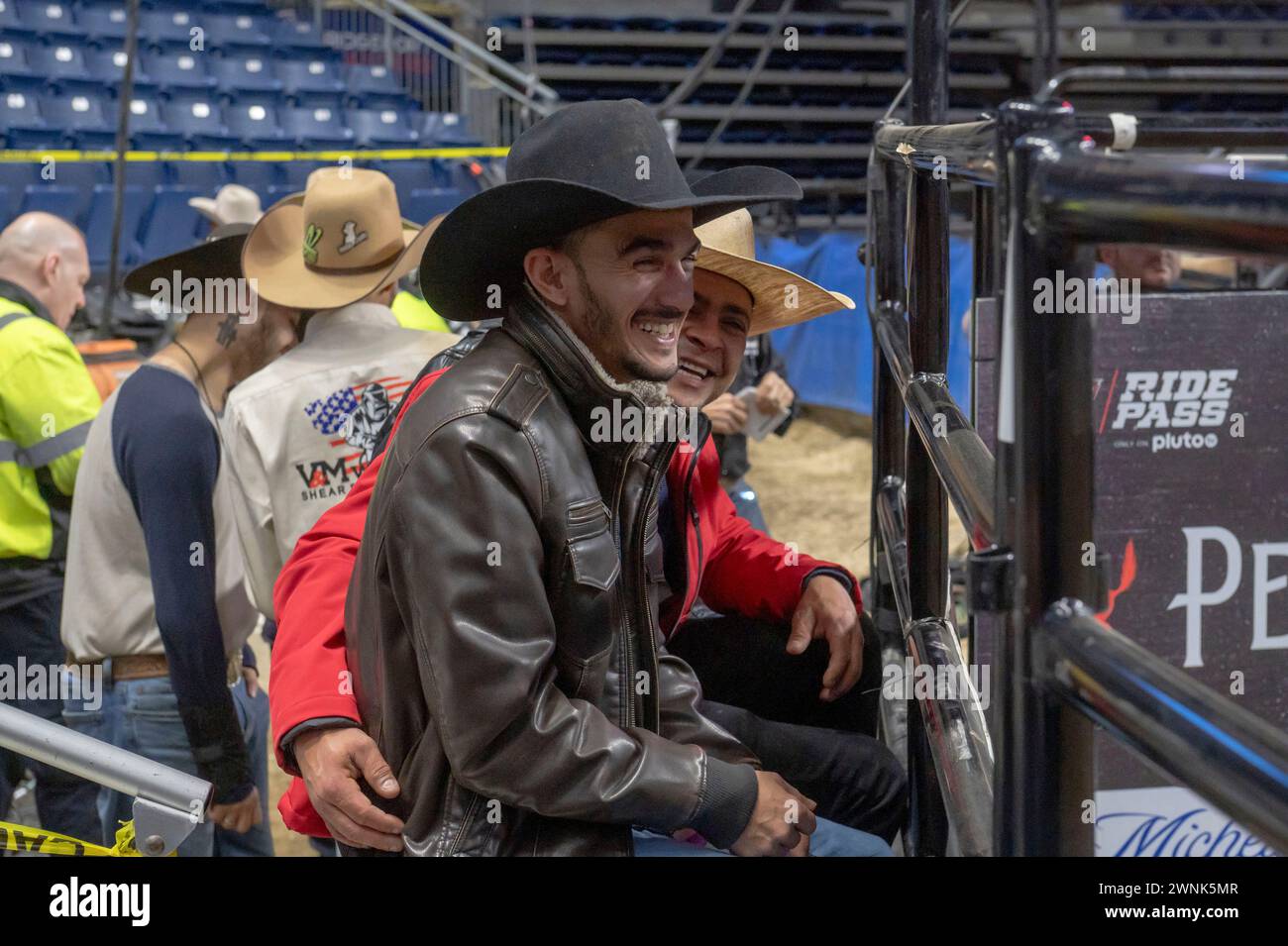 Bridgeport, United States. 02nd Mar, 2024. BRIDGEPORT, CONNECTICUT - MARCH 02: Bull riders watch the competition during the Professional Bull Riders (PBR) Pendleton Whisky Velocity Tour event at Total Mortgage Arena on March 2, 2024 in Bridgeport, Connecticut. Credit: SOPA Images Limited/Alamy Live News Stock Photo