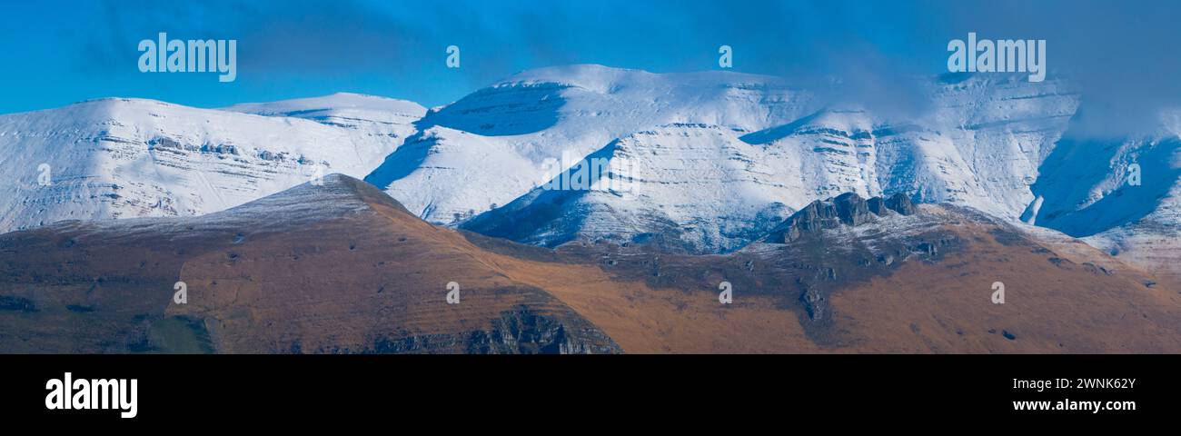 Summits of the Miera Valley in winter, aerial view of the Miera River Valley. Landscape in winter. Valleys Pasiegos. Cantabria. Spain. Europe Stock Photo