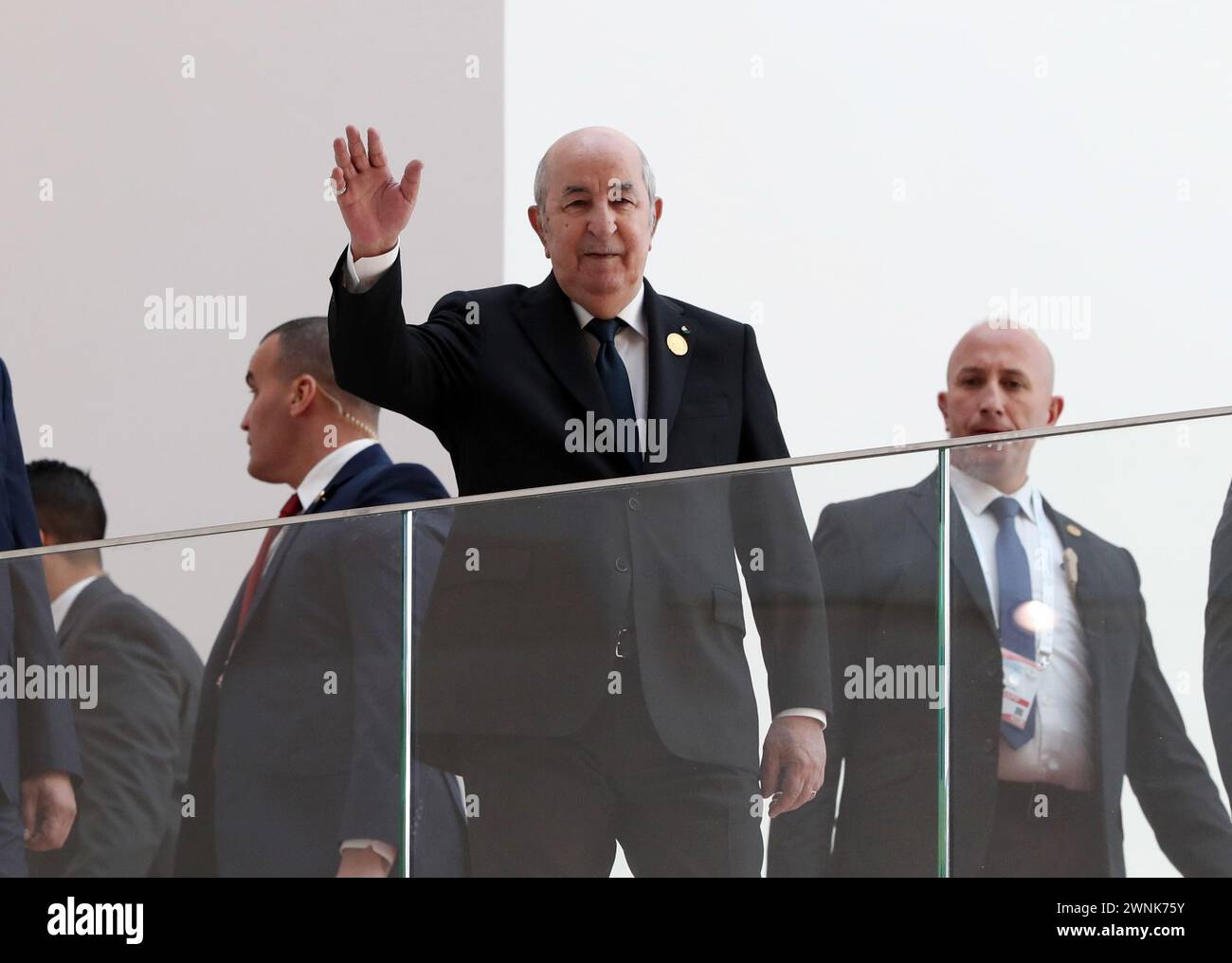 Algiers, Algeria. 03rd Mar, 2024. (240303) -- ALGIERS, March 3, 2024 (Xinhua) -- Algerian President Abdelmadjid Tebboune (C) waves during the 7th Summit of the Gas Exporting Countries Forum (GECF) in Algiers, Algeria, March 2, 2024. The 7th Summit of GECF, which concluded on Saturday in Algeria, reaffirmed member states' absolute sovereign rights over their gas resources, rejecting unilateral economic restrictions and political manipulation of gas prices. The Algiers Declaration endorsed at the summit condemned unilateral economic restrictions without prior approval of the United Nations Secur Stock Photo