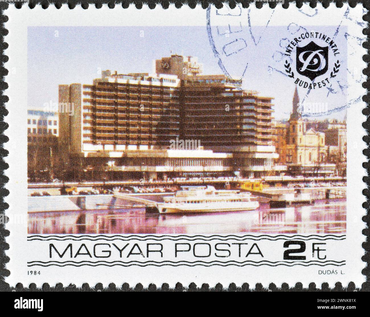 Cancelled postage stamp printed by Hungary, that shows Duna Intercontinental, Budapest, Budapest Riverside Hotels, circa 1984. Stock Photo