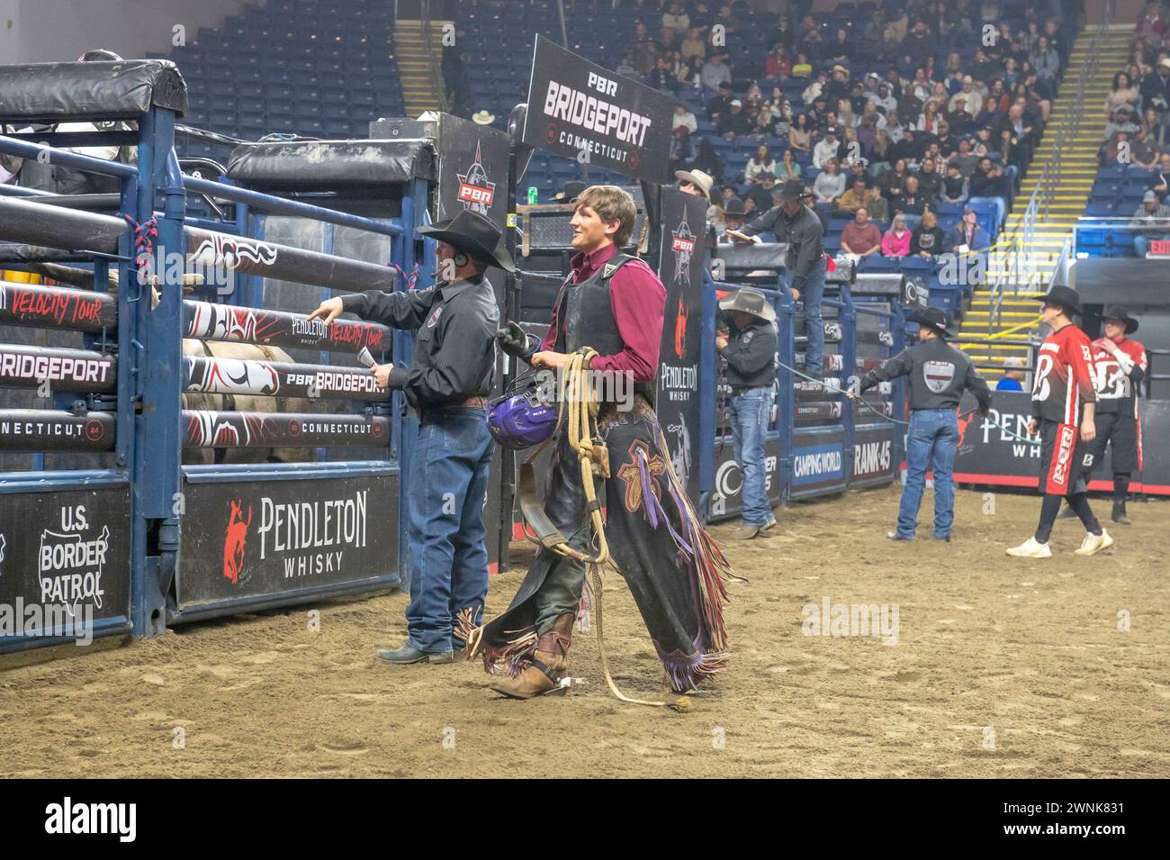 Bridgeport, Connecticut, USA. 2nd Mar, 2024. (NEW) 2024 Professional Bull Riders Pendleton Whisky Velocity Tour in Bridgeport, Connecticut. (Credit: M10s/TheNews2) March 2, 2024, New York, New York, USA: Bull Riders compete during the Professional Bull Riders (PBR) Pendleton Whisky Velocity Tour event at Total Mortgage Arena on March 2, 2024 in Bridgeport, Connecticut. (Credit: M10s/TheNews2) (Foto: M10s/Thenews2/Zumapress) (Credit Image: © Ron Adar/TheNEWS2 via ZUMA Press Wire) EDITORIAL USAGE ONLY! Not for Commercial USAGE! Stock Photo