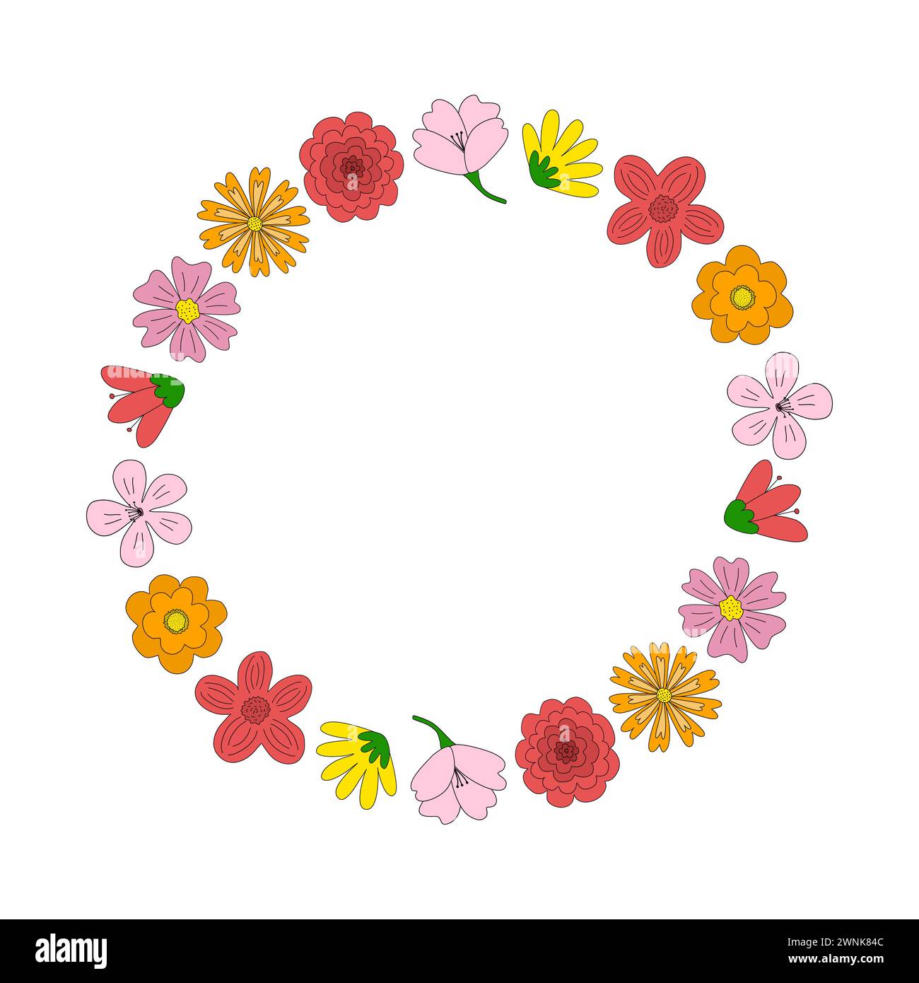 Round flower frame from different meadow flowers, spring design element, vector illustration Stock Vector