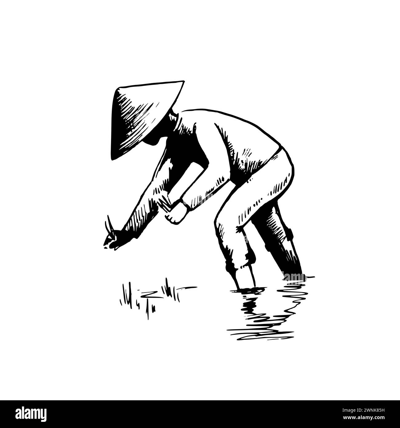 Asian farmer in rice field. Hand-drawn black and white sketch. Vector illustration. Stock Vector