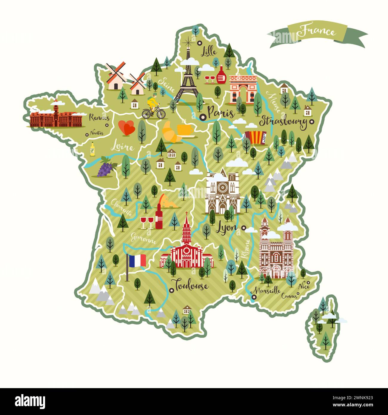 Stylized map of France. Vector illustration. French symbols, cheese, croissant, wine, bicycle, harmonic, mountains and other landmarks. Stock Vector