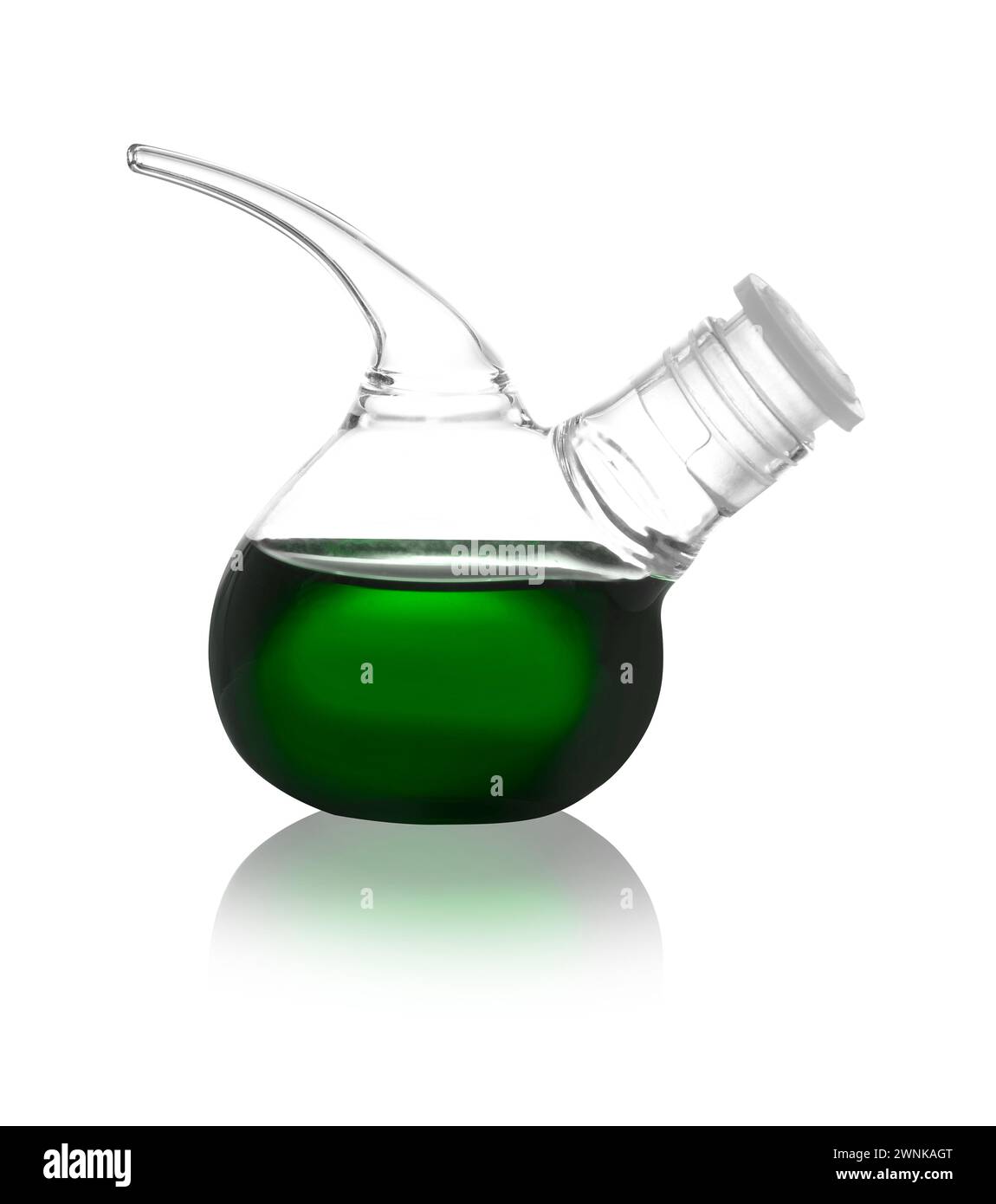 Retort flask with green liquid isolated on white. Laboratory glassware ...