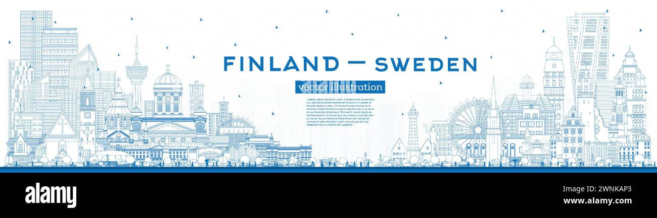 Outline Finland and Sweden skyline with blue buildings. Famous landmarks. Vector illustration. Sweden and Finland concept. Diplomatic relations. Stock Vector