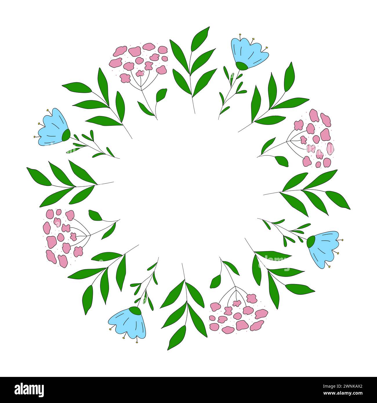 Round frame with meadow flowers and branches, spring design element ...