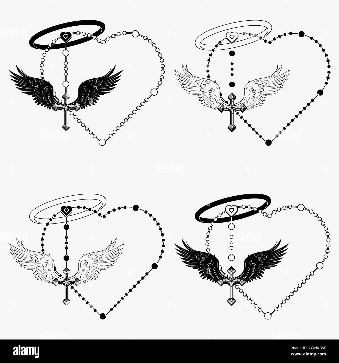 Vector design of winged cross with heart-shaped rosary, heart-shaped rosary with wings, symbology of the Catholic religion Stock Vector
