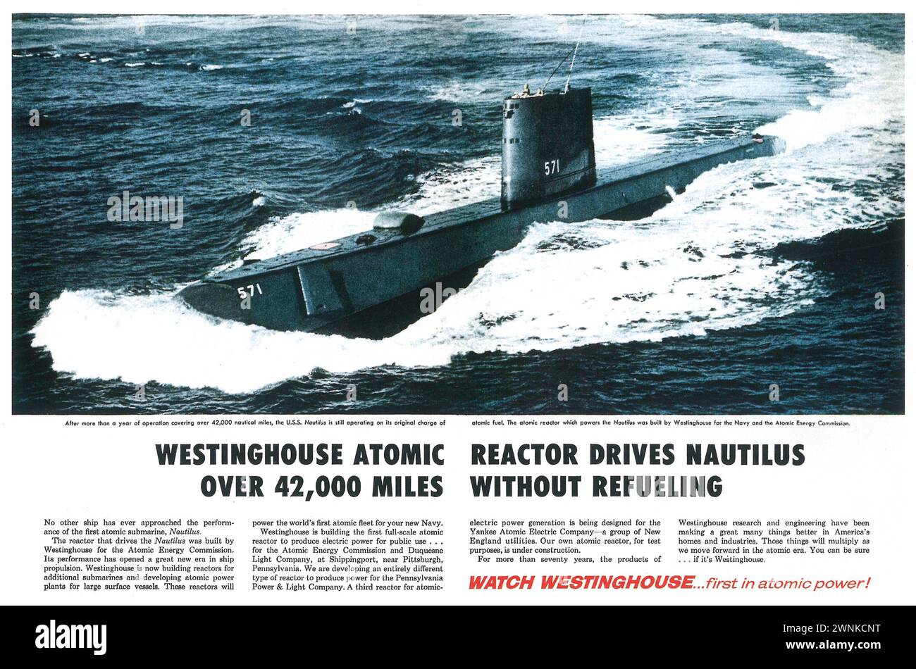 1956 Westinghouse Atomic Reactor Print Ad. - Nautilus submarine. Stock Photo
