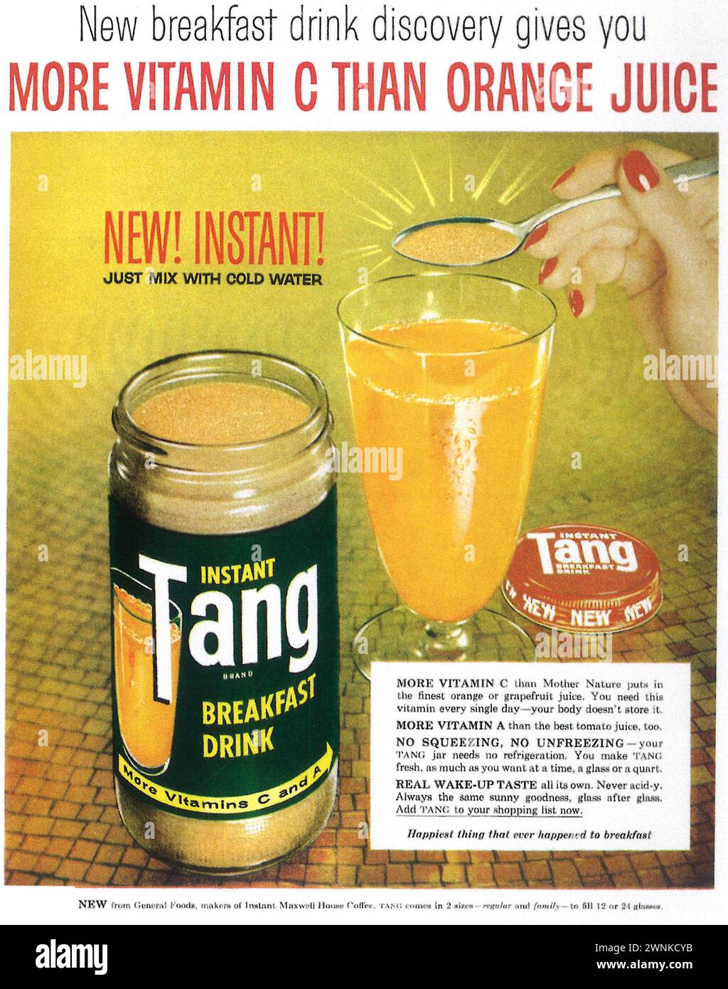 1959 Instant Tang breakfast drink print ad. Made by general foods Stock