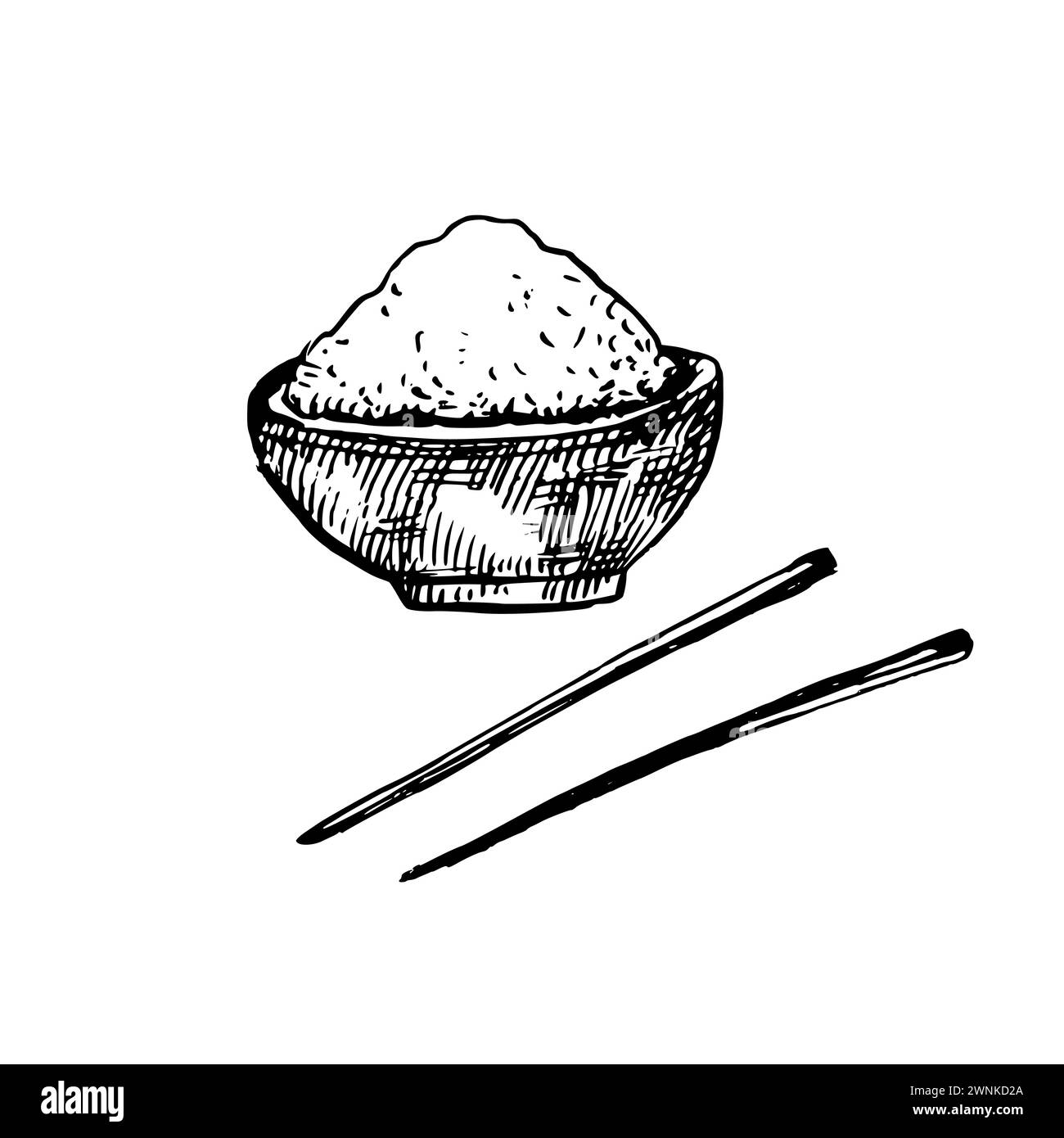 Cup of rice with chopsticks isolated on white background. Ink sketch drawing. Vector illustration. Stock Vector