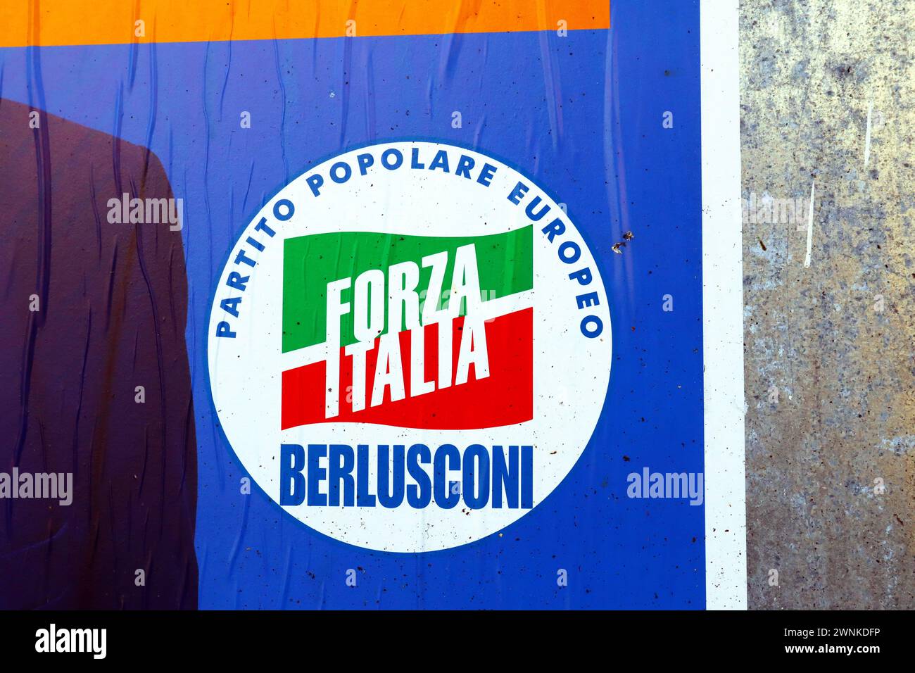 Abruzzo, Italy: Detail of Election Wall Poster for the ABRUZZO Regional Election of March 10, 2024 with symbol of FORZA ITALIA Political Party Stock Photo