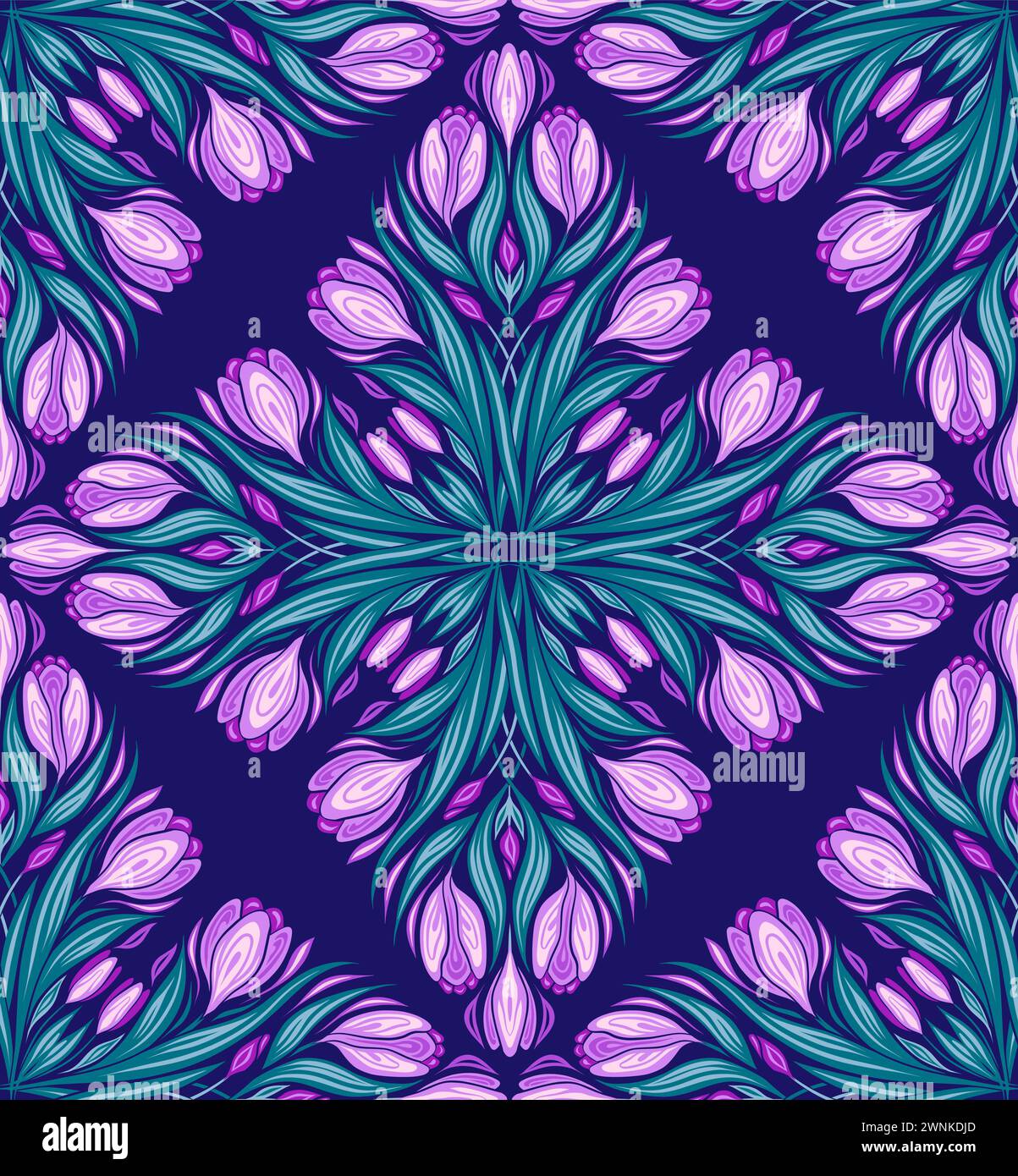 Vector seamless kaleidoscope pattern with crocuses. Surface design with ...