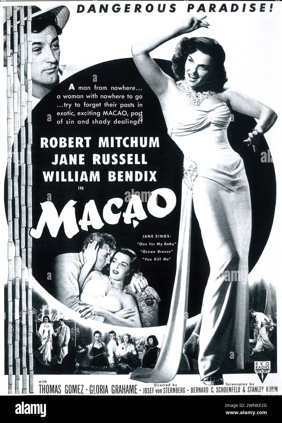 1952 Macao film poster - noir / crime drama with Robert Mitchum, Jane Russell, directed by Josef von Sternberg Stock Photo