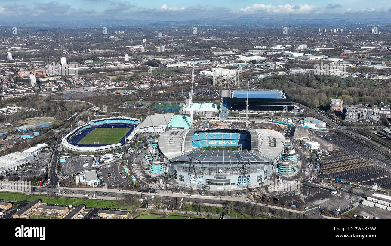An aerial view of the Etihad Stadium ahead of the Premier League match Manchester City vs Manchester United at Etihad Stadium, Manchester, United Kingdom, 3rd March 2024  (Photo by Mark Cosgrove/News Images) Stock Photo