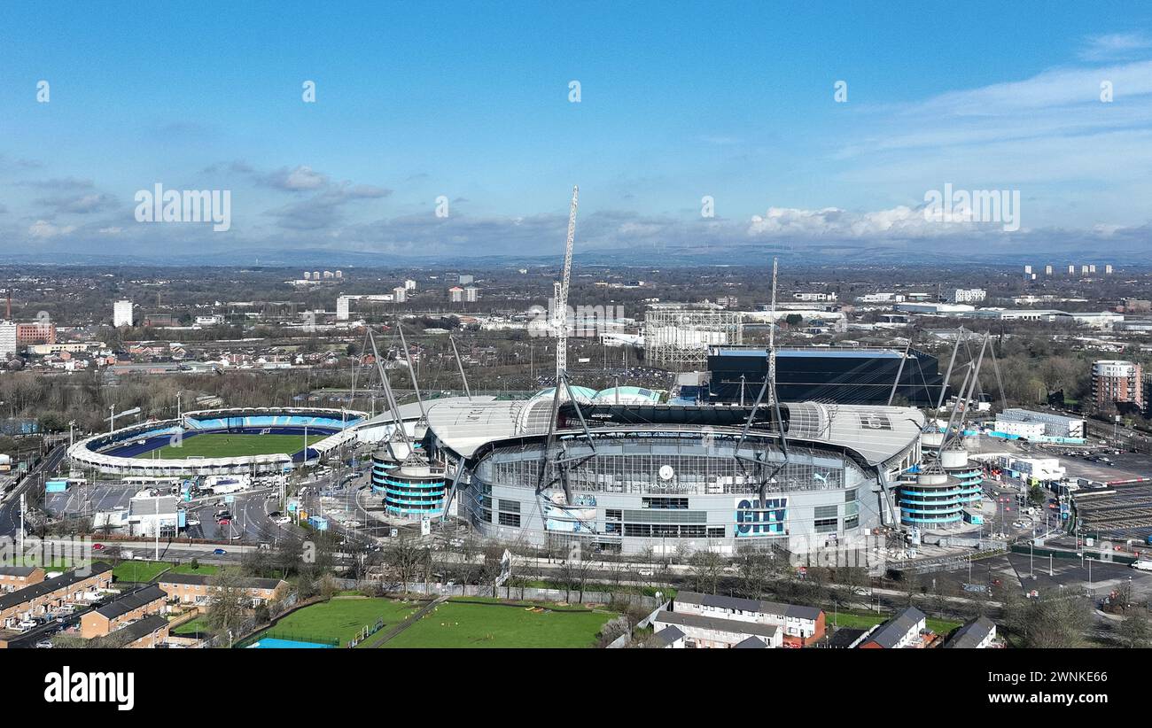 An aerial view of the Etihad Stadium ahead of the Premier League match Manchester City vs Manchester United at Etihad Stadium, Manchester, United Kingdom, 3rd March 2024  (Photo by Mark Cosgrove/News Images) Stock Photo