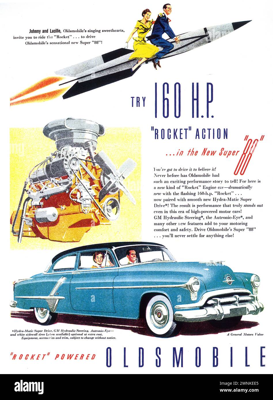 1952 Oldsmobile Rocket 88 print ad. 'Try 160 HP rocket action...in the new super 88' Stock Photo